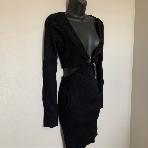 Princess Polly Lucia Black Ribbed Long Sleeve V Neck O Ring Cutout Mini Dress - Picture 5 of 12